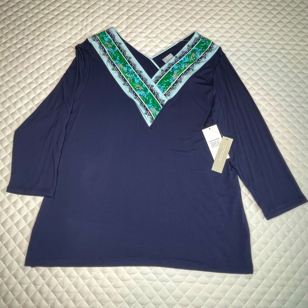 Chico’s Navy V-Neck Top with Colorful Neck Detail
